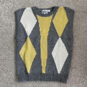 Vintage New Attitude Sweater Vest Mens Medium Gray Argyle Chunky Knit Pullover